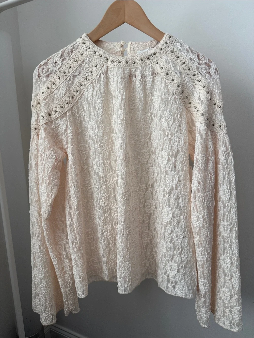 Zara Cream Lace Long-Sleeve Top with Embellished Size M NWT